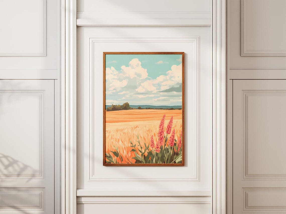 Golden Wheat Field With Pink Wildflowers Under Summer Sky Poster - Image 2