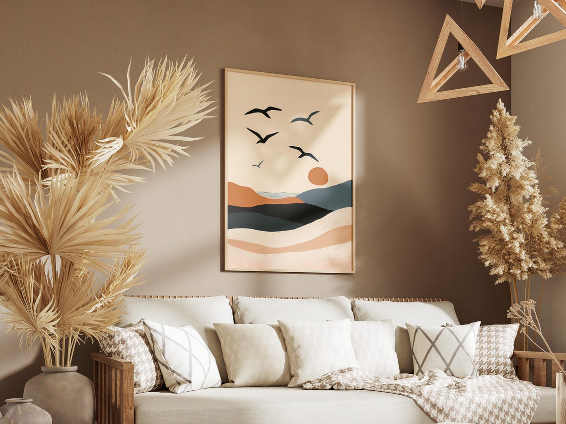 Seagulls over Sunset Dunes Abstract Coastal Landscape Poster - Image 3