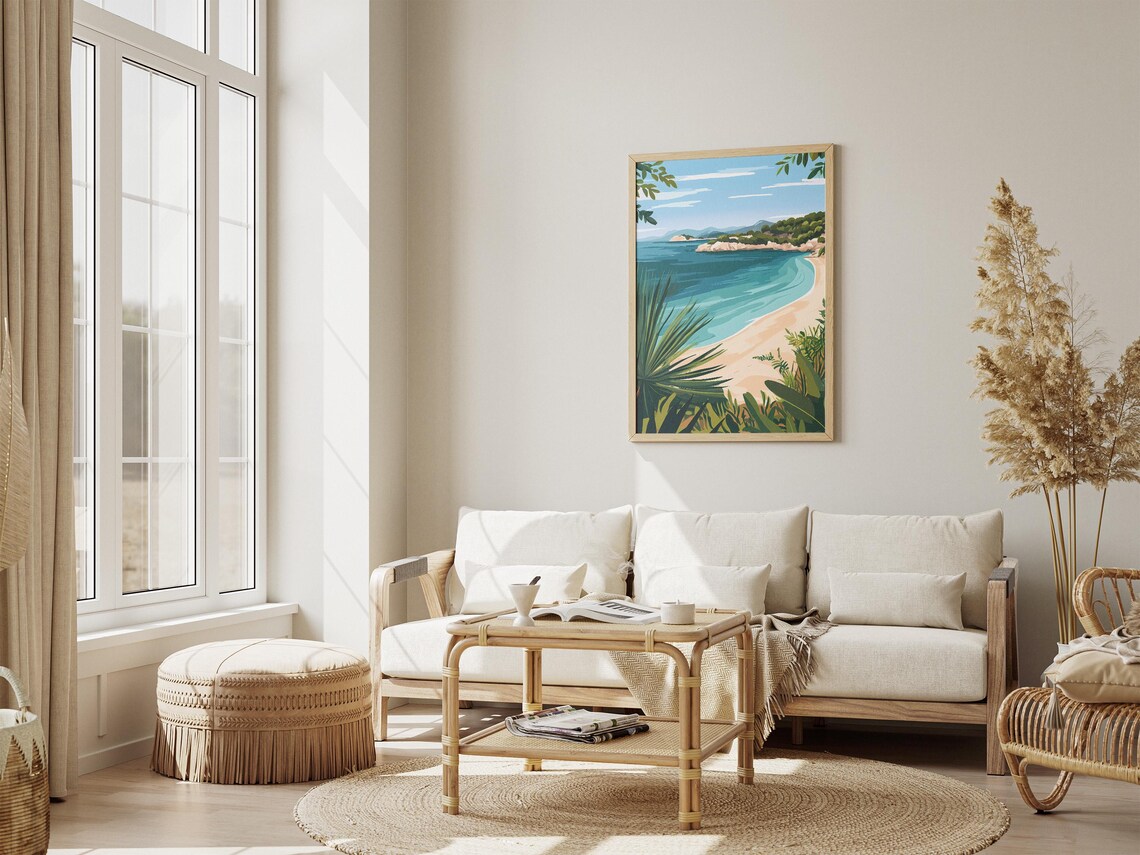 Curved Tropical Beach Bay Turquoise Water Illustration Poster - Image 4