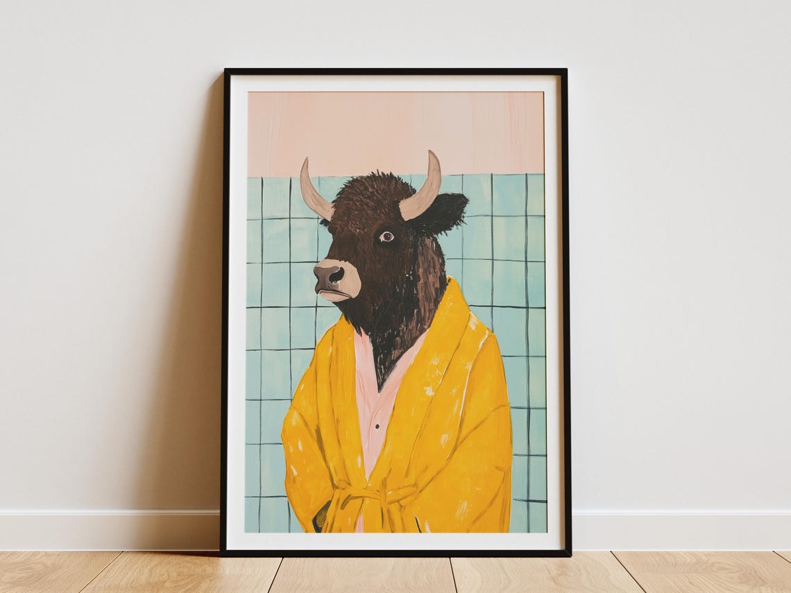 Solemn Dark Bison Wearing a Bright Yellow Bathrobe Bathroom Poster