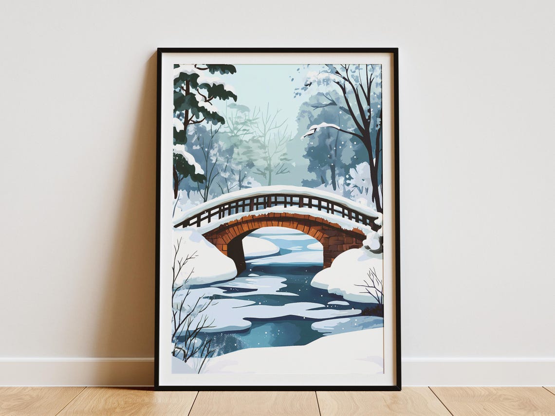 Snowy Arched Stone Bridge Over Frozen Winter River Scene Poster