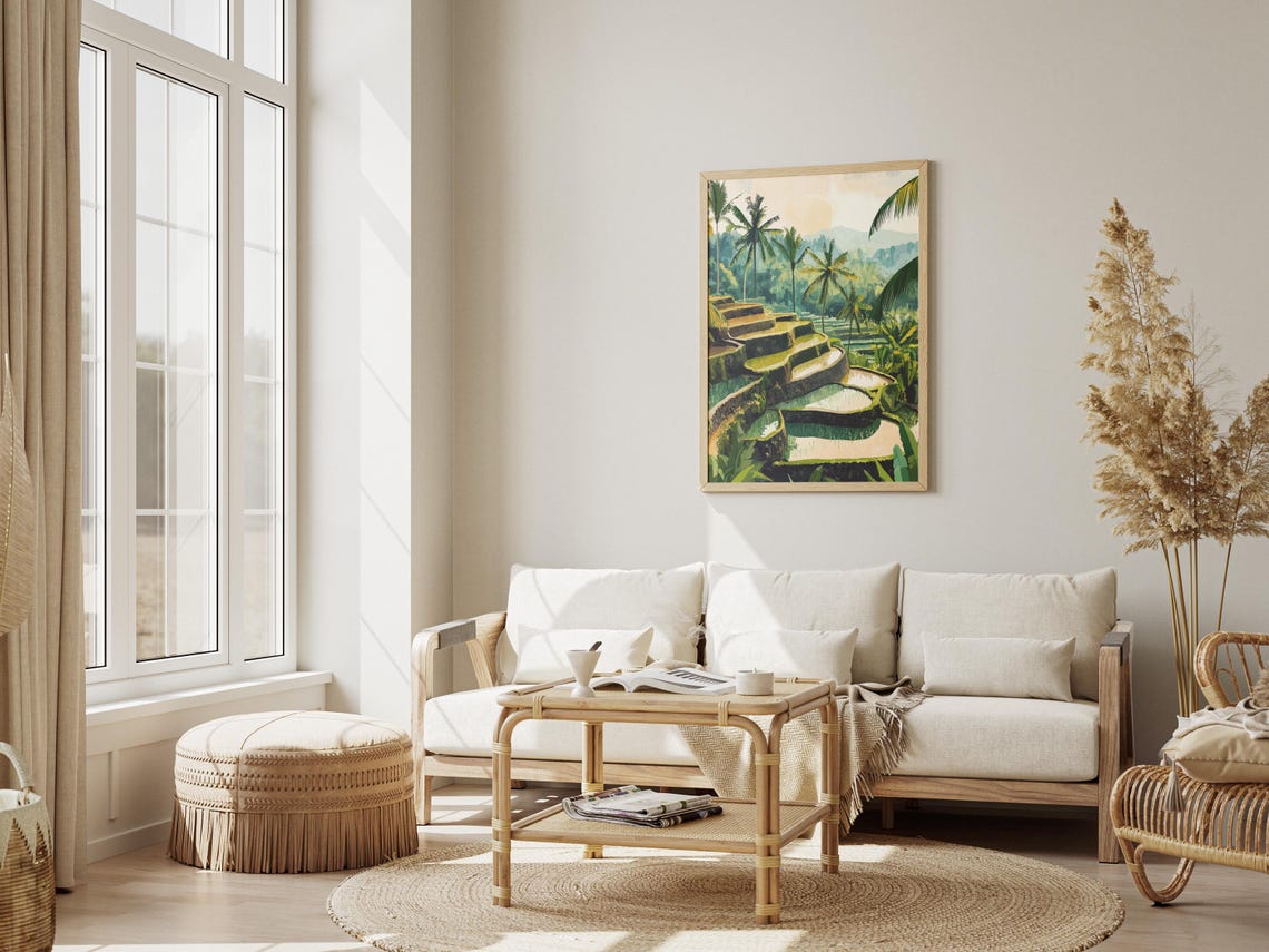 Flooded Rice Terraces with Palm Trees Tropical Landscape Poster - Image 3