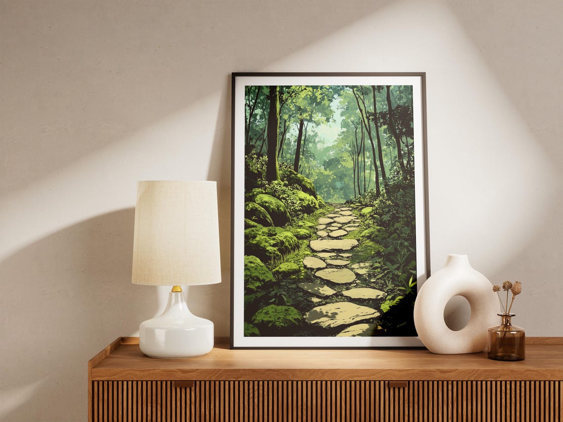 Mossy Stone Path Winding Through Lush Green Forest Art Poster - Image 5