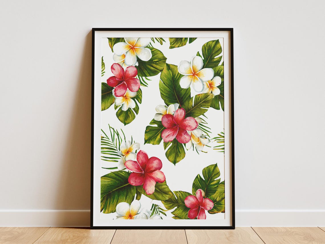 Watercolor Tropical Floral Pattern Plumeria Monstera Leaf Art Poster