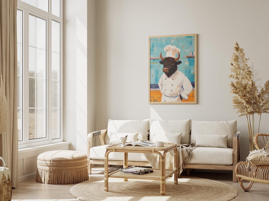 Bison Chef Whimsical Animal Portrait Teal Kitchen Scene Poster - Image 3