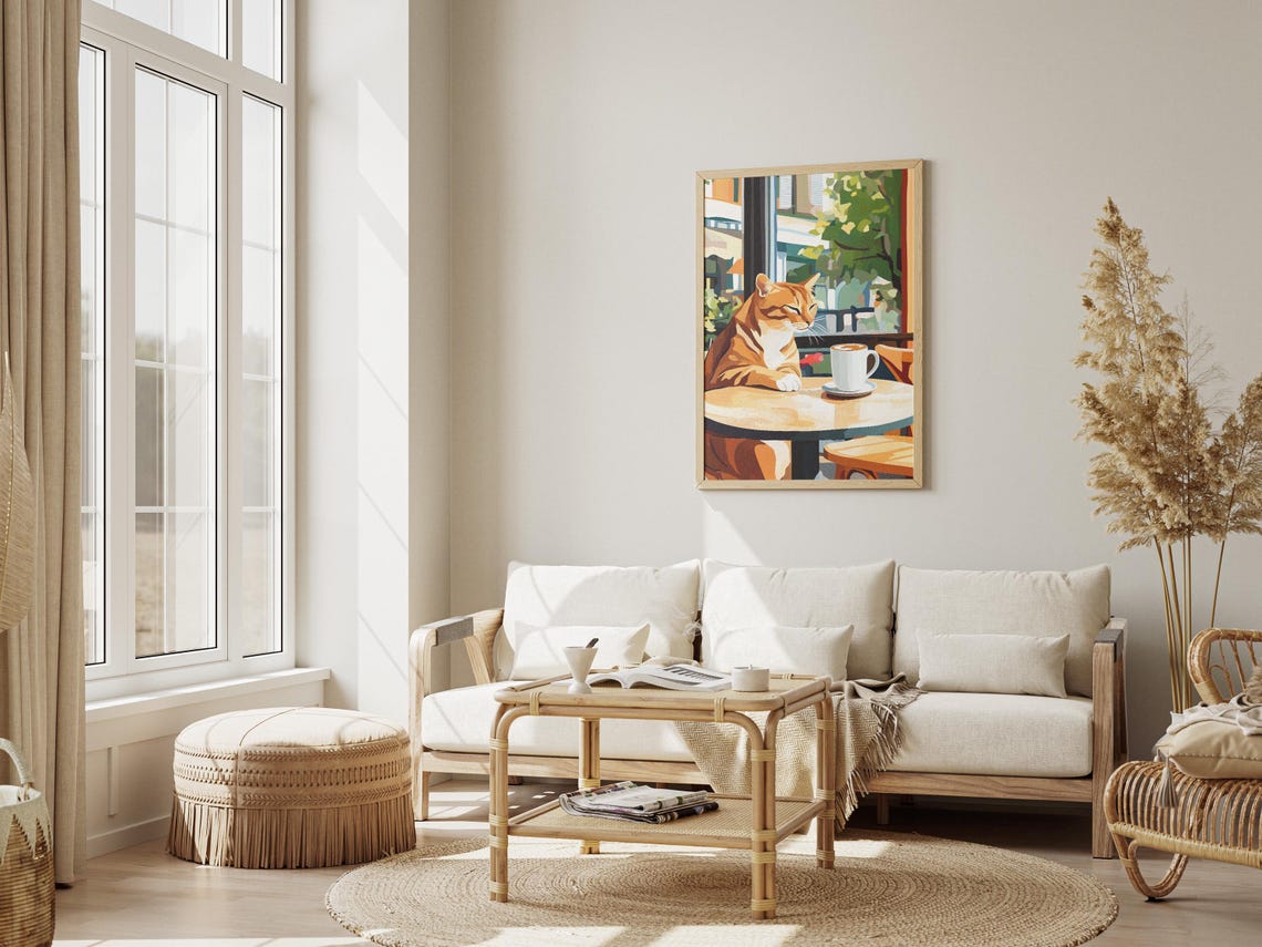 Orange Tabby Cat at a Cafe Table Watching Green Trees Sway Poster - Image 3