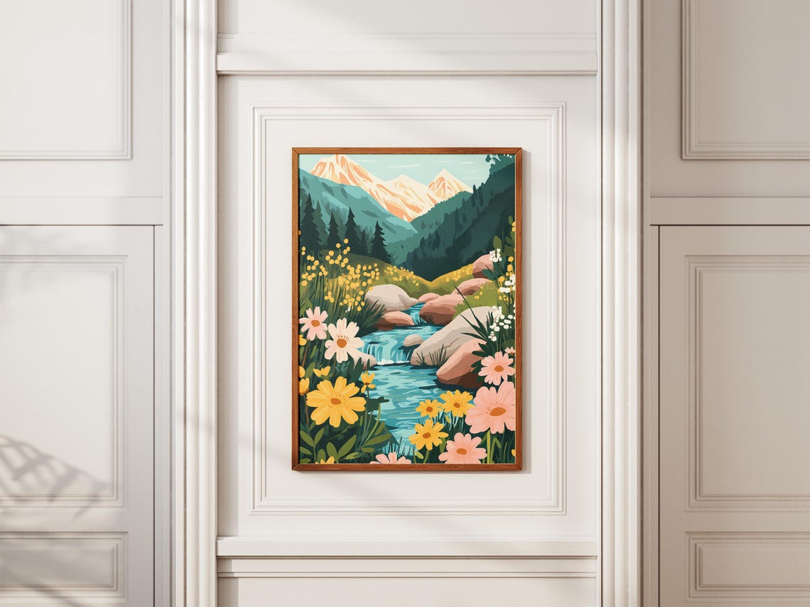 Cheerful Mountain Stream Wildflowers Daisy Meadow Nature Poster - Image 2