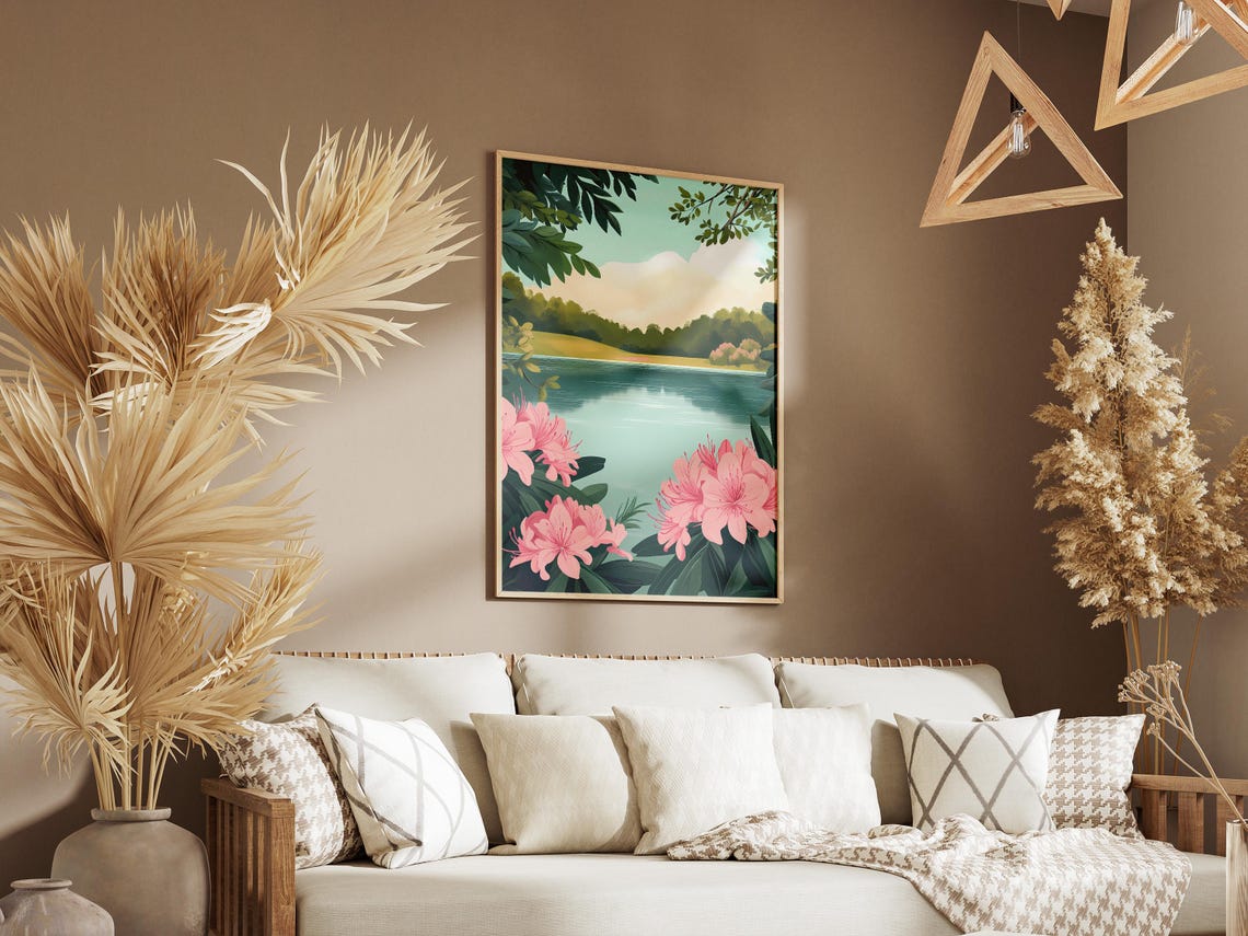 Blooming Pink Azalea Blossoms Calm Lakeside Garden Floral Poster - Image 3