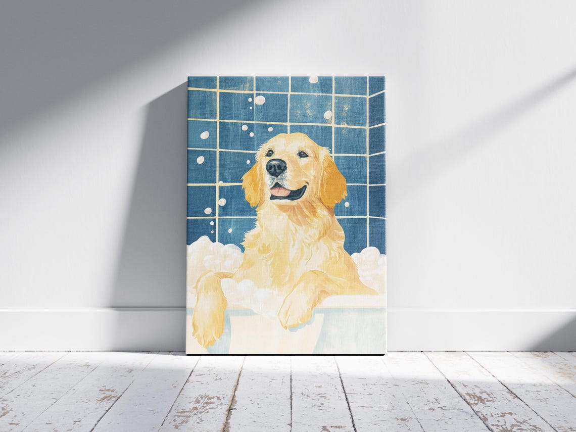 Golden Retriever Bubble Bath Smiling Happy Blue Tile Dog Poster - Image 2