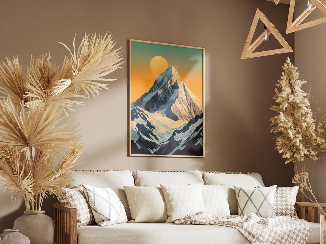 K2 Mountain Pakistan Snowy Pyramid Peak Golden Sun Art Poster - Image 3