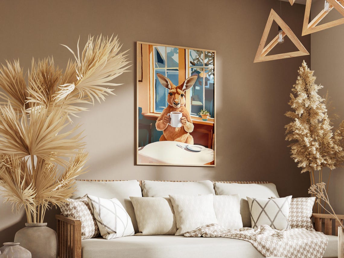 Curious Kangaroo Holding Coffee Mug at Cozy Cafe Table Poster - Image 3