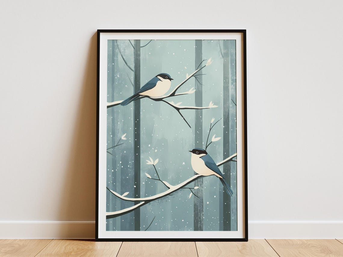 Two Blue Birds Perched on Frosty Branches in Falling Snow Poster