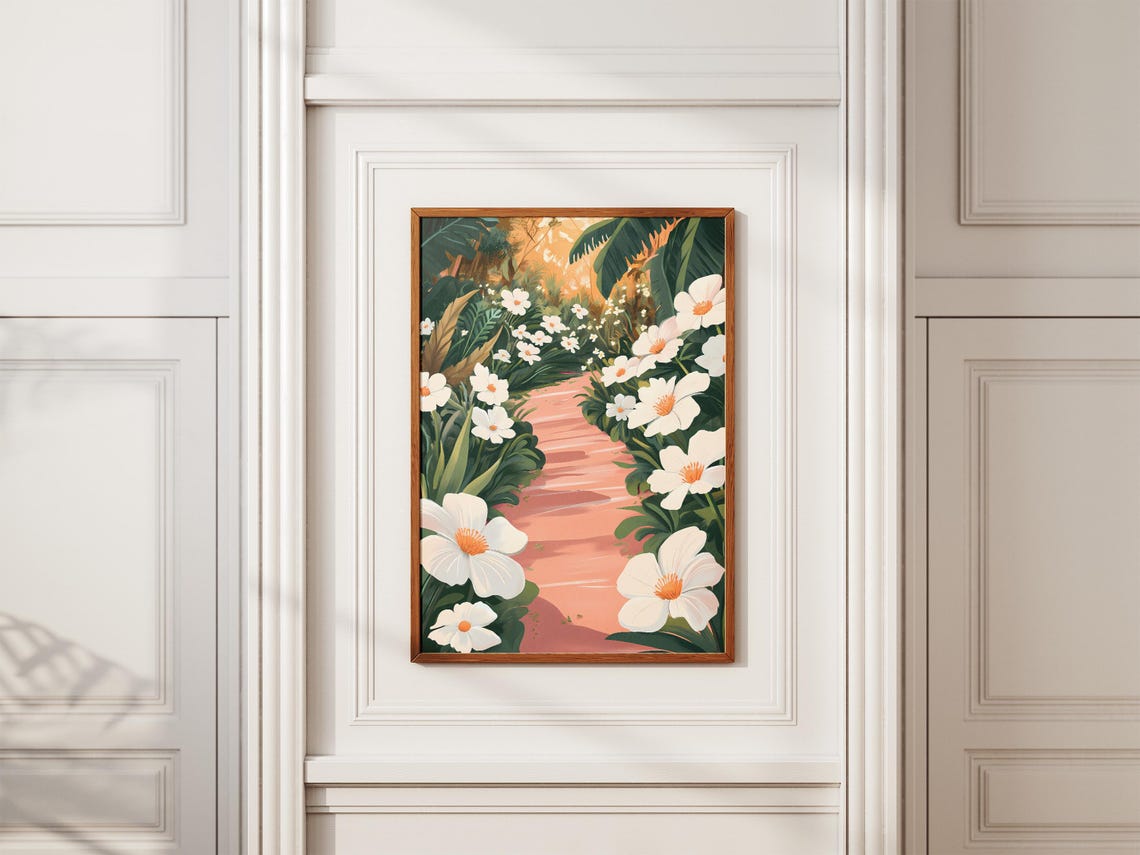 White Anemone Flowers Along a Pink Garden Pathway Art Poster - Image 2
