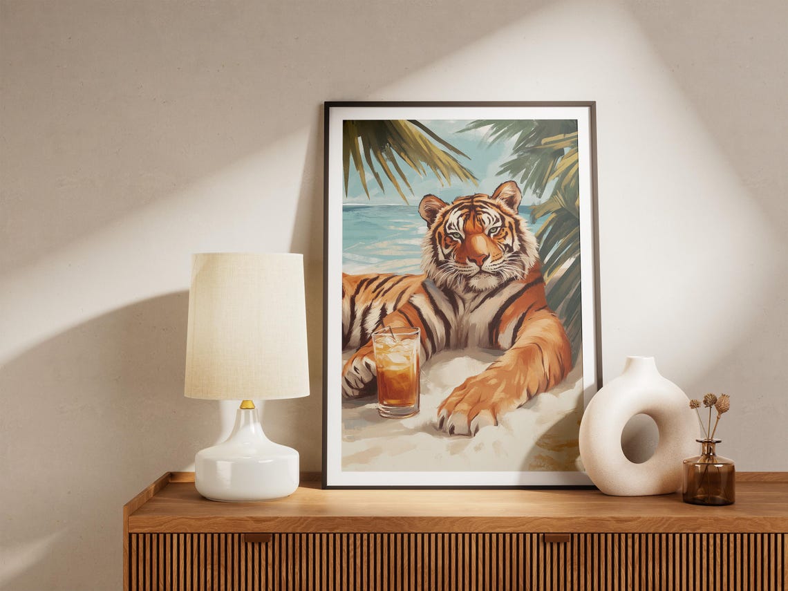 Relaxed Tiger Lounging On Warm Sand With Drink Under Palms Poster - Image 5