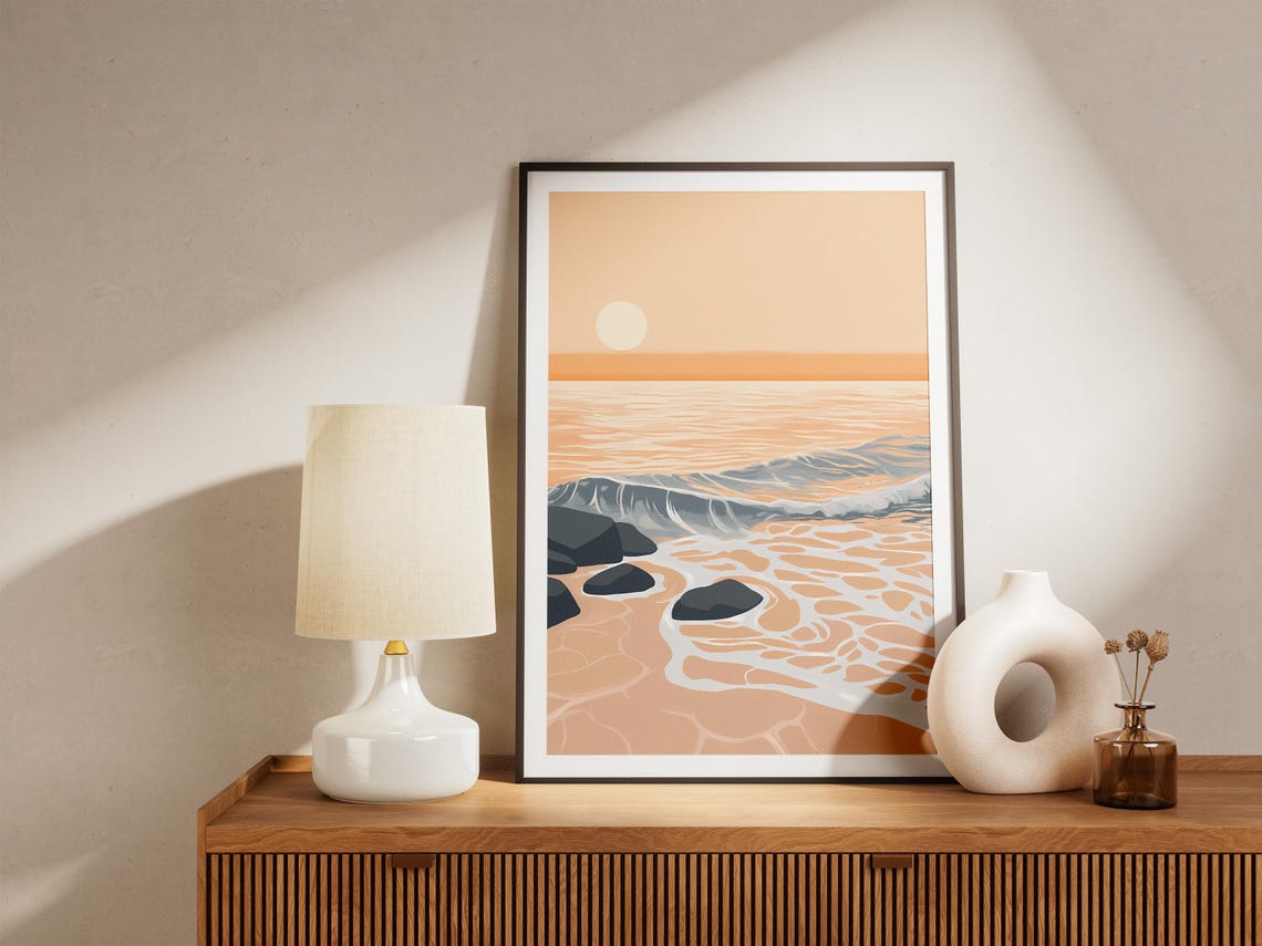 Beige Minimalist Sunset Ocean Rocks Abstract Coastal Art Poster - Image 5