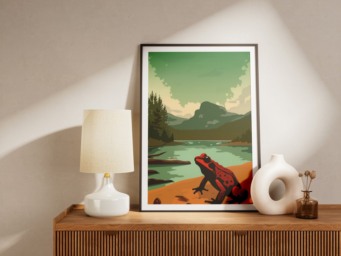 Minimalist Red Frog Lake Mountain Scene Mid Century Wall Art - Image 2