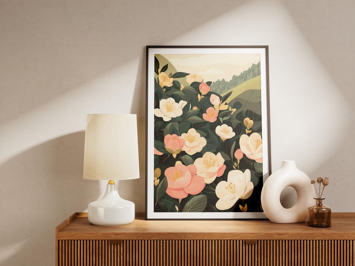 Pink White Camellia Blooms on a Sunny Hillside Garden Art Poster - Image 5