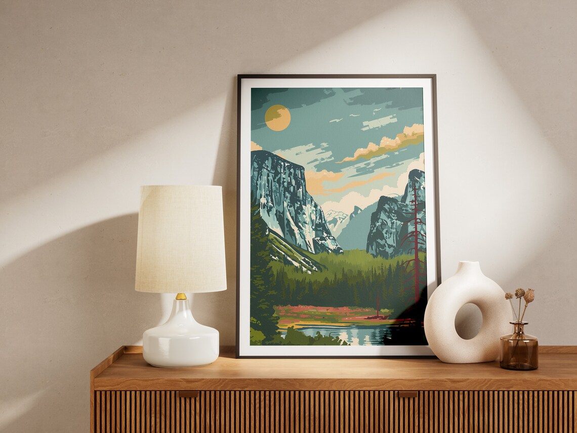 Yosemite Valley Teal Sky Sunlit Meadow Vintage National Park Poster - Image 2