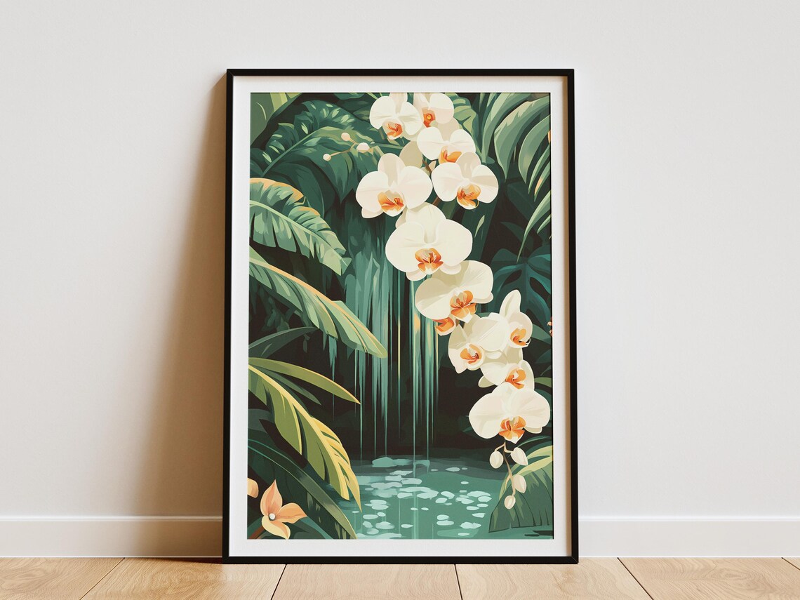 White Orchid Spray in a Tropical Rainforest Waterfall Poster