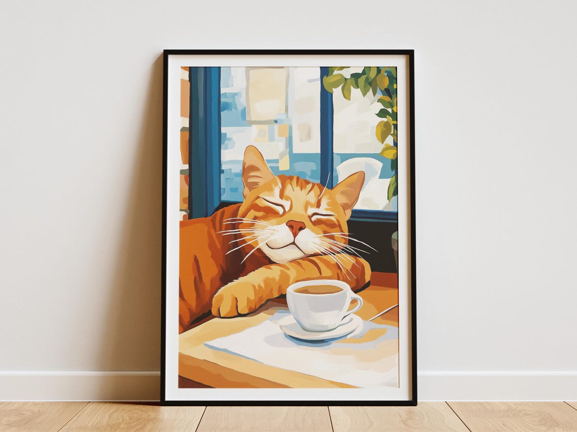 Blissful Orange Cat Resting Its Chin by a Cup of Coffee Poster