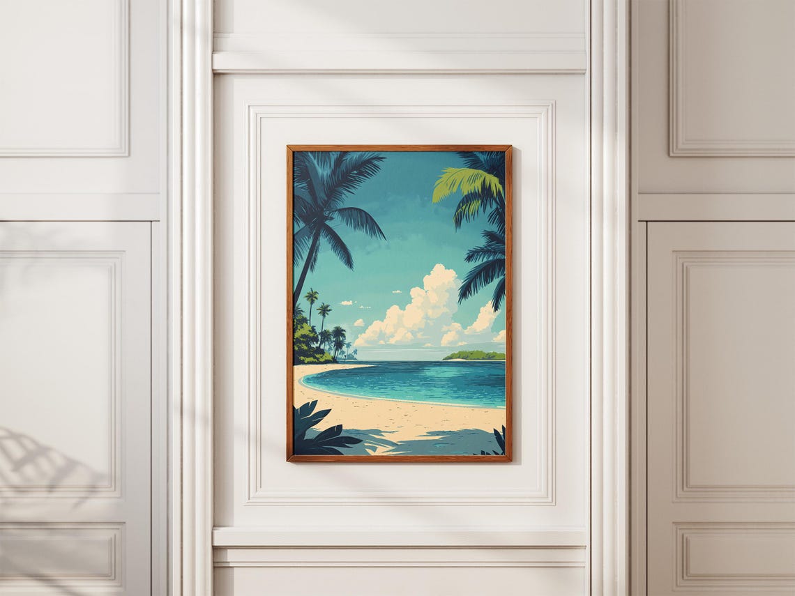 Turquoise Tropical Beach Palm Trees White Clouds Summer Poster - Image 2