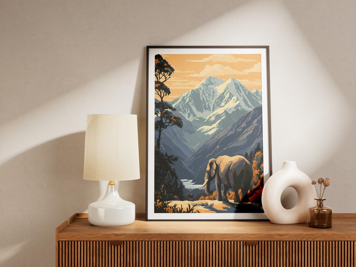 Elephant Gazing At Snow Capped Himalayan Peaks Vintage Poster - Image 5