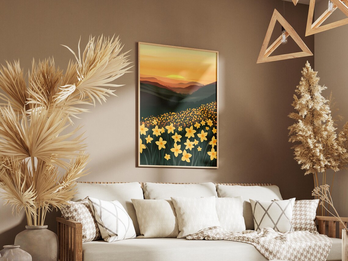 Yellow Daffodil Hillside Meadow at Golden Sunset Nature Art Poster - Image 3