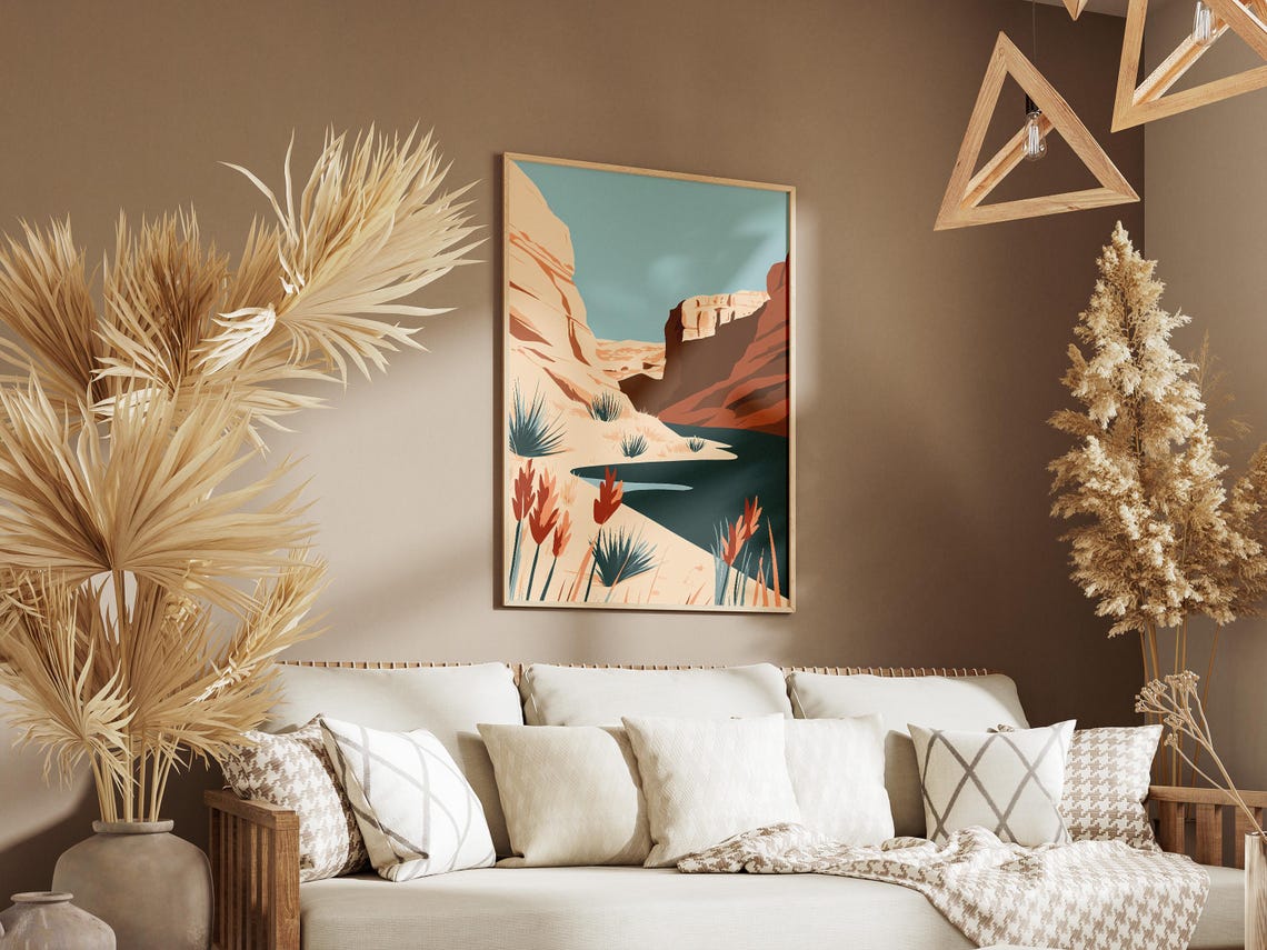 Desert Canyon River With Red Wildflowers Minimalist Art Poster - Image 3