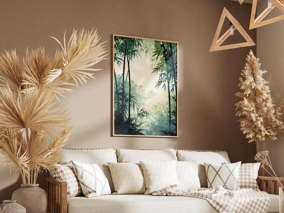 Misty Green Bamboo Forest Calm Zen Botanical Illustration Art Poster - Image 3