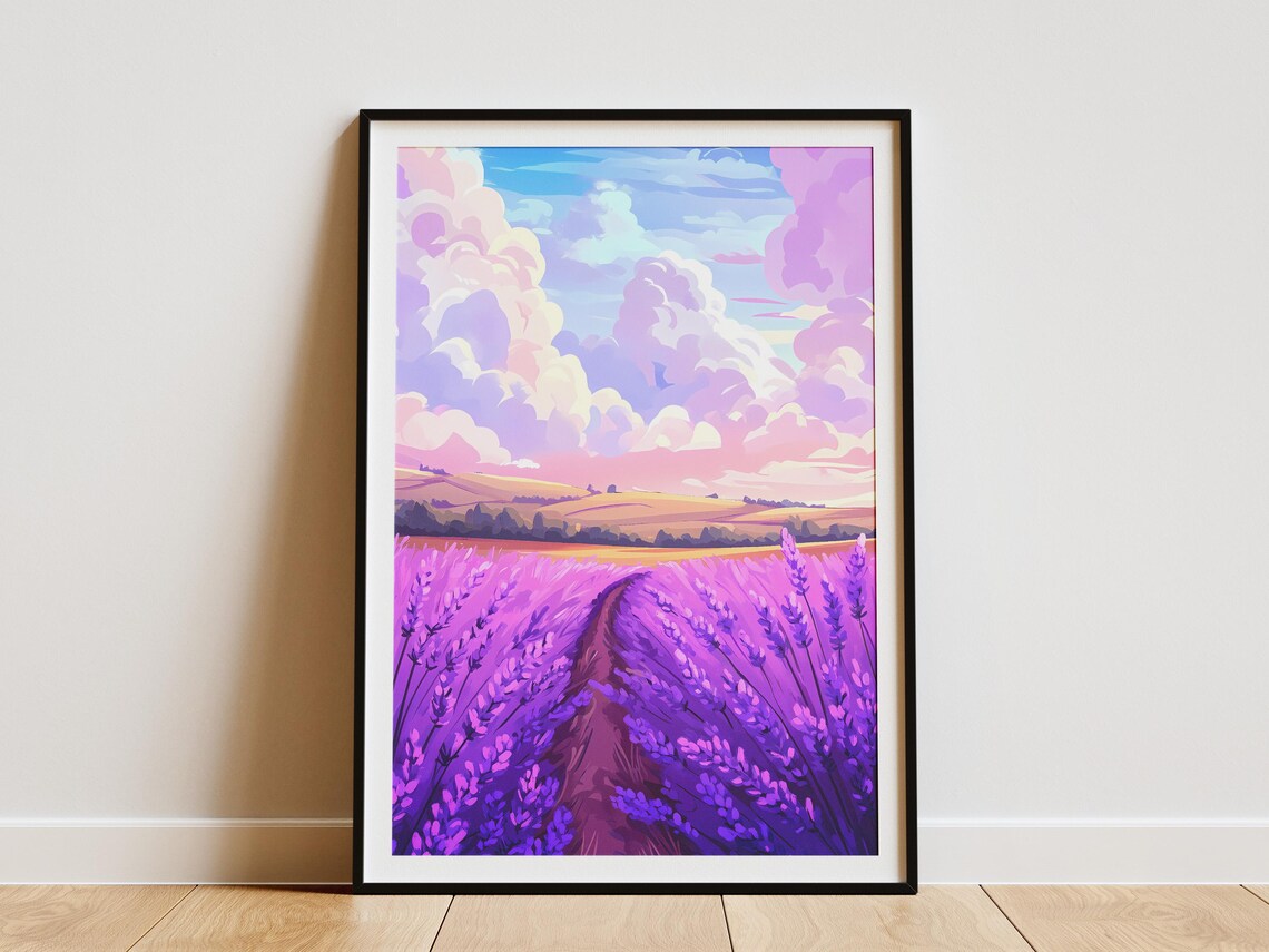 Lavender Path Billowing Pink Sunset Clouds Dreamy Landscape Poster