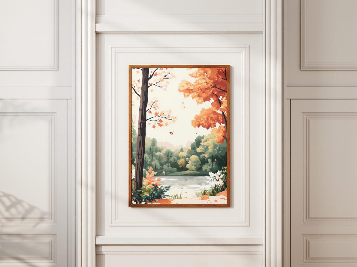 Autumn Lake With Orange Maples And Drifting Falling Leaves Poster - Image 2