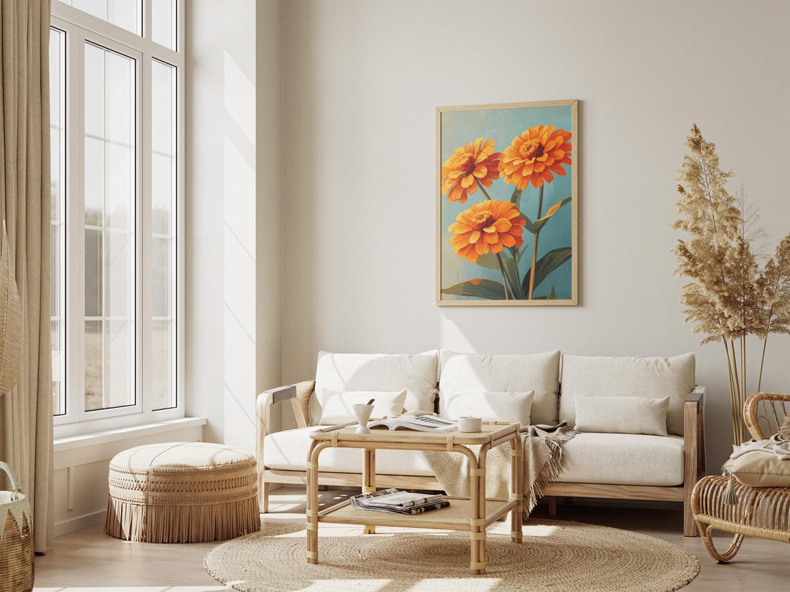 Bold Orange Zinnia Trio On Teal Background Modern Floral Poster - Image 4