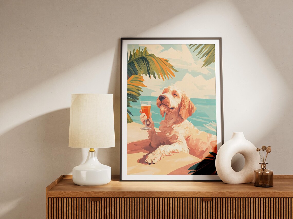 Fluffy Cream Dog Raising A Cocktail Glass On The Beach Poster - Image 5
