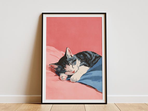 Adorable Shorthair Kitten Sleeping In Cozy Bed Art Print Cute Cat Lover Gift Nursery Decor Pet Poster Modern Animal Wall