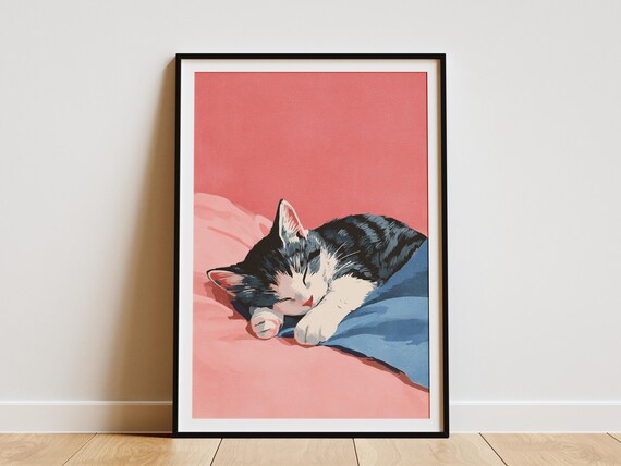 Sleeping Shorthair Kitten On Pink Bedding Cute Cat Nursery Poster