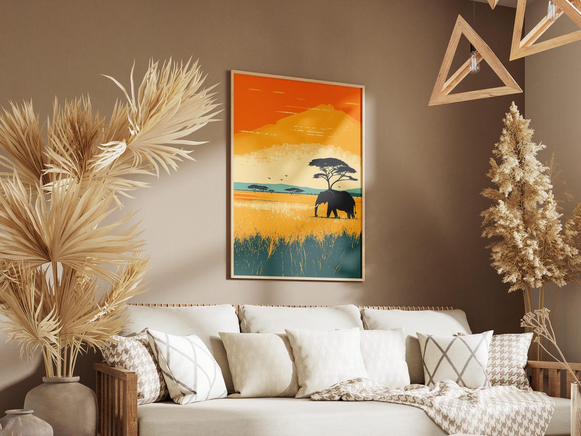 Elephant Silhouette on Sunset African Savanna Landscape Poster - Image 3