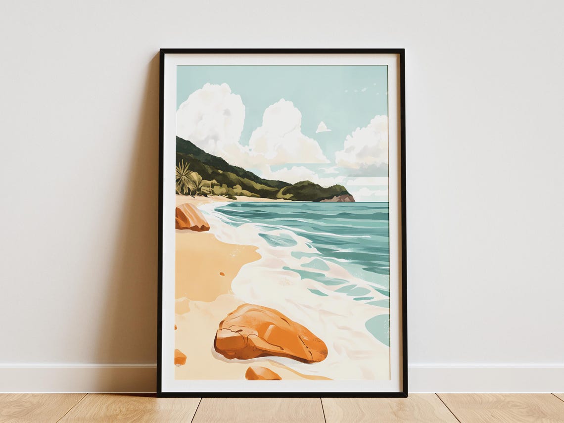 Turquoise Wave Beach Orange Boulder Green Headland Scene Poster