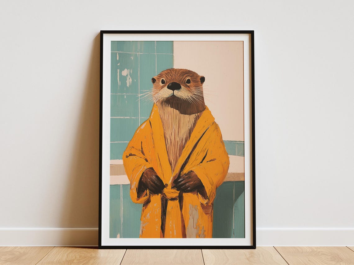 Sea Otter Wearing Yellow Bathrobe Teal Tile Bathroom Art Poster