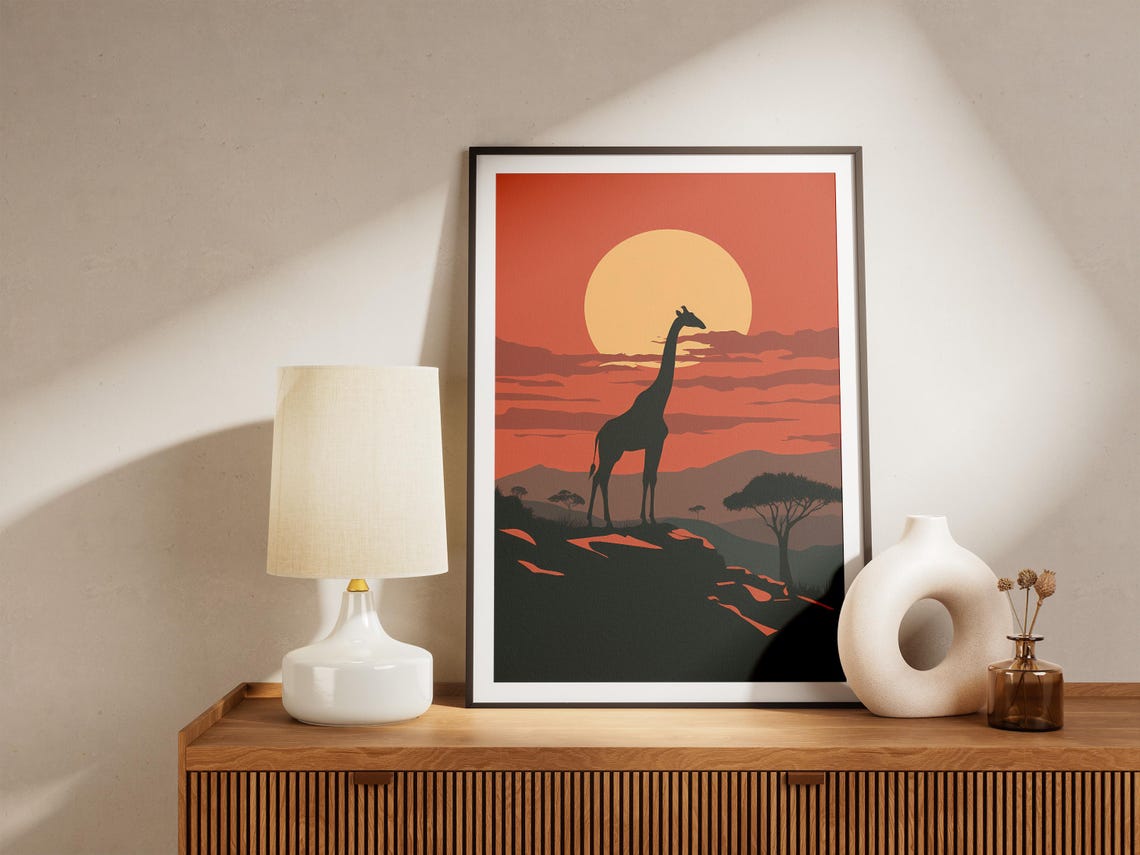 African Safari Sunset Giraffe Silhouette with Orange Sun Poster - Image 5