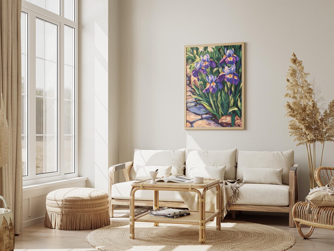 Purple Irises Beside Sunlit Stone Garden Path Colorful Floral Poster - Image 4