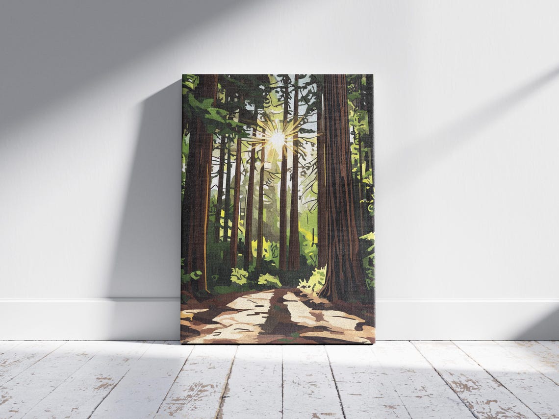 Sunbeam Redwood Forest Trail Giant Tall Trees Scenic Art Poster - Image 2