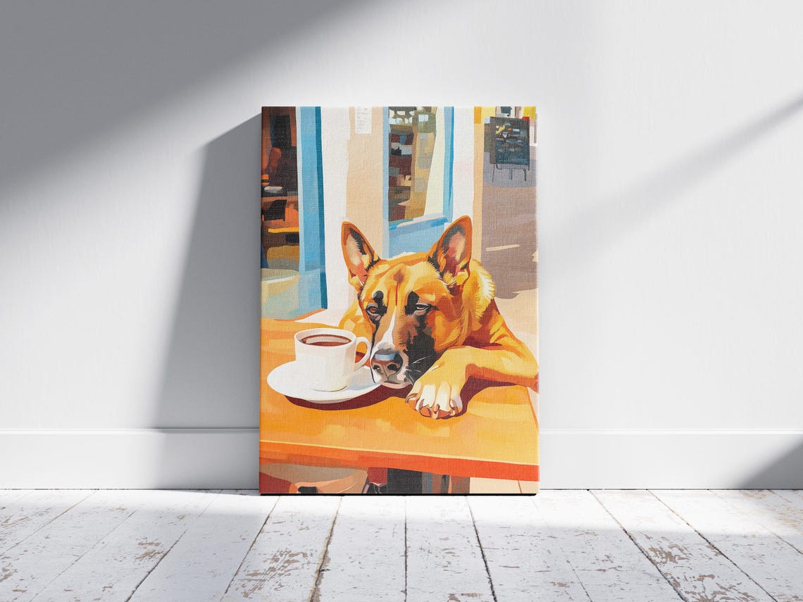 German Shepherd Napping at Cafe Table with Coffee Cup Poster - Image 2