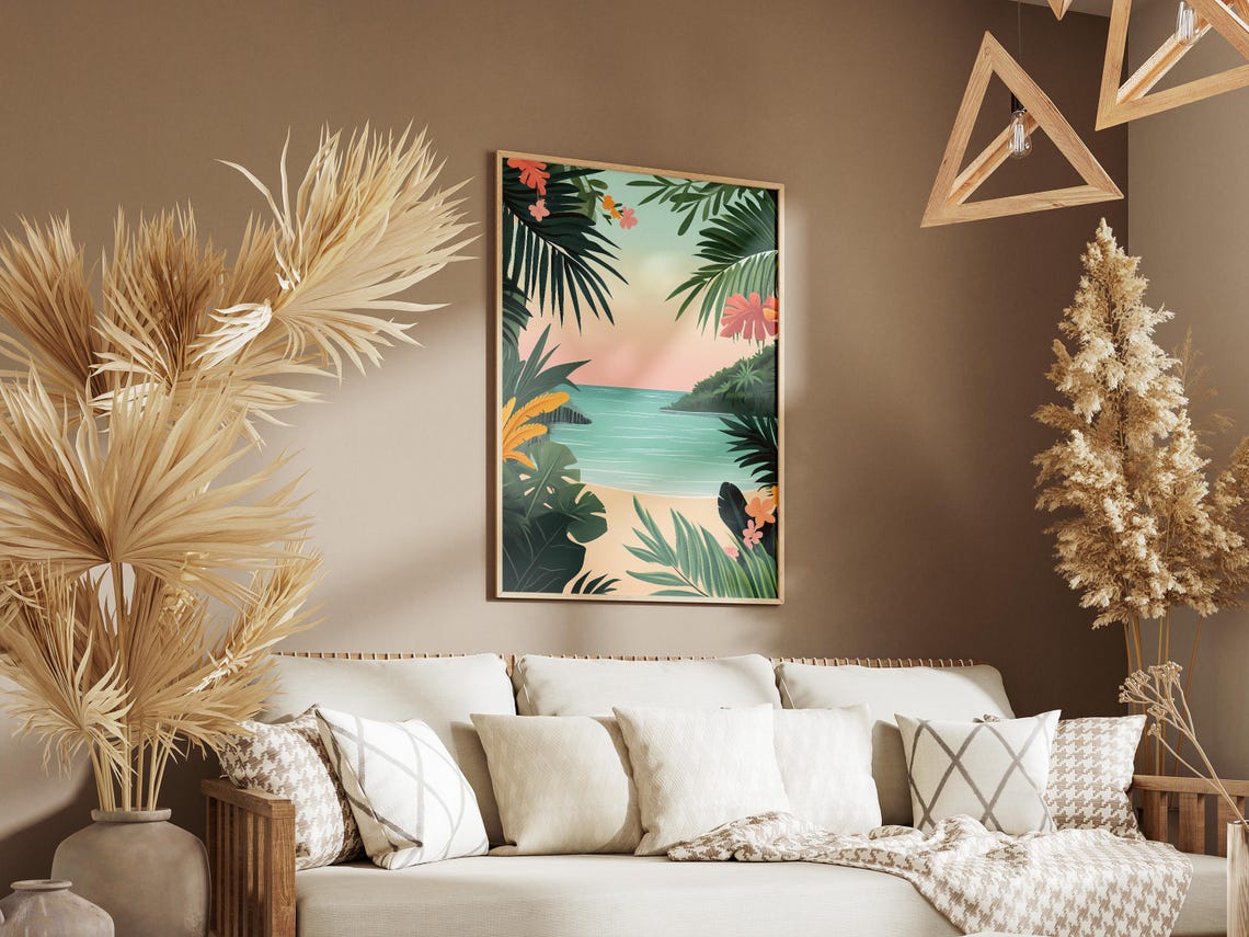 Tropical Cove at Sunset Framed by Palm Leaves Illustration Poster - Image 3