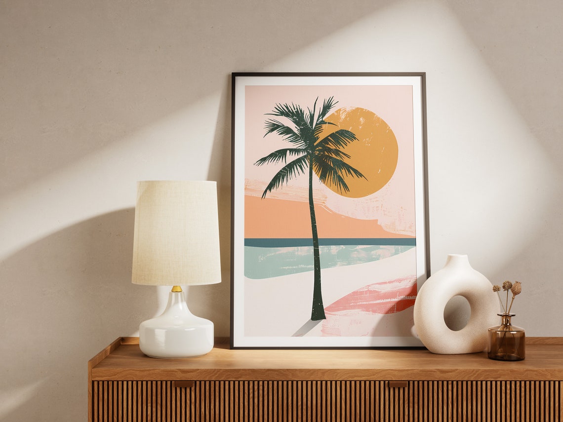 Serene Palm Tree Sunset Golden Sun Pastel Beach Wall Decor Poster - Image 2