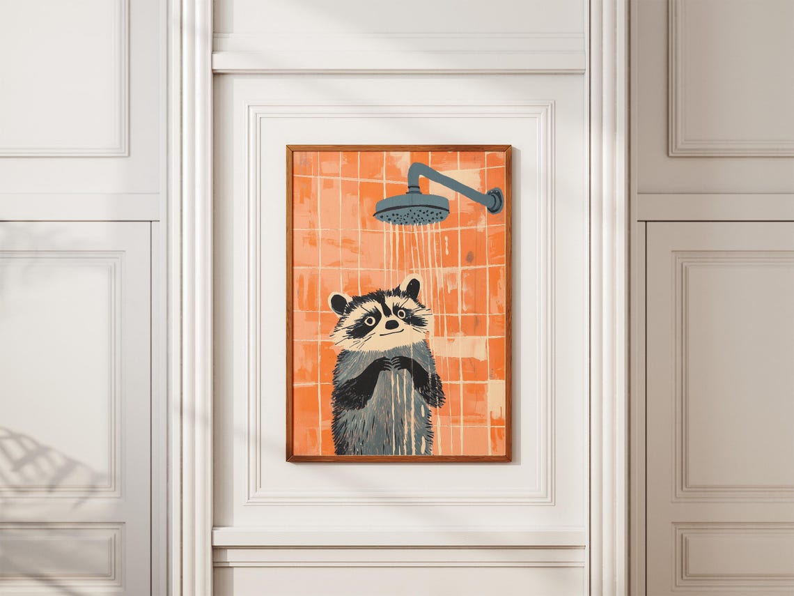 Funny Raccoon Taking a Shower Retro Orange Tile Bathroom Poster - Image 2