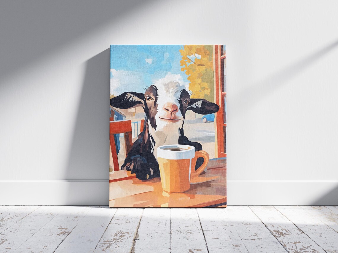 Adorable Baby Goat with Big Ears and an Orange Coffee Mug Poster - Image 2