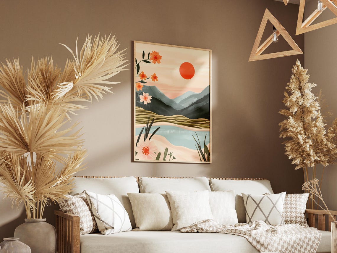 Red Sun Rice Terraces Boho Floral Mountain Blossom Landscape Poster - Image 3