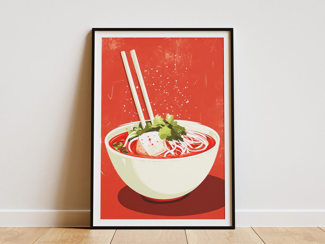 Pho Noodle Bowl On Bold Red Background Vintage Food Art Poster