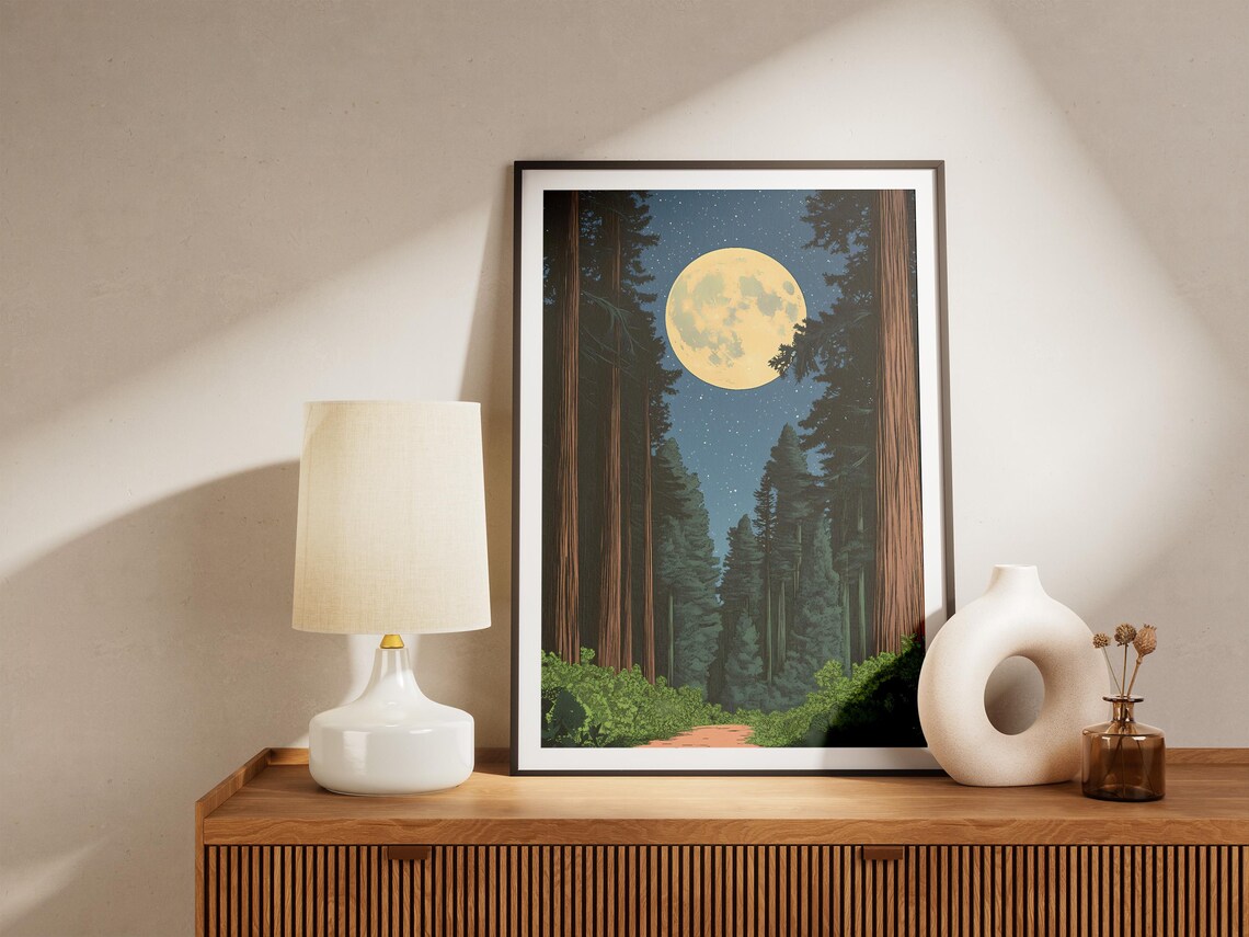 Redwood National Park Tall Tree Trunks Moonlit Forest Path Night Poster - Image 4