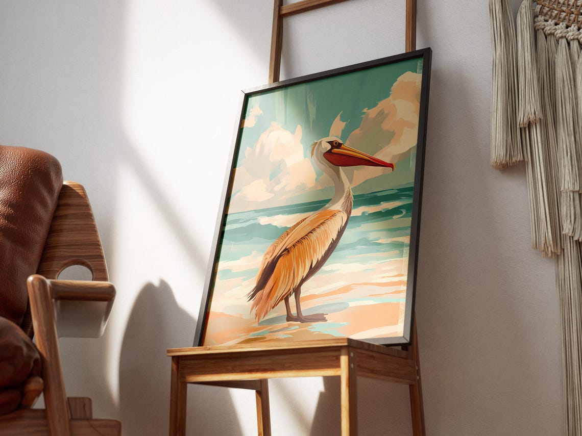 Brown Pelican Coastal Beach Vintage Style Ocean Bird Art Poster - Image 3